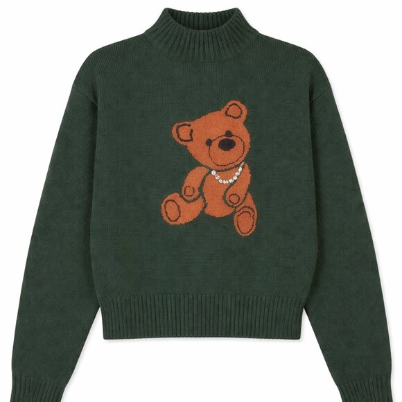 English Factory Sweaters - English Factory Endless Rose Teddy Bear Knit Sweater Dark Green NEW